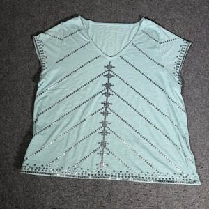 Soft Surroundings 3X Seafoam Green Sequin V-Neck Slub Knit Top 2GV49 Plus Size